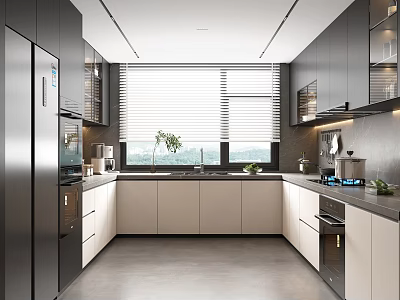 Modern Luxury Open Kitchen Interior With Marble Countertop And Cabinets 3d model