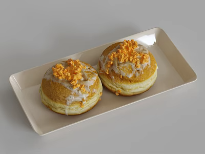 Two Glazed Doughnuts on Light Colored Rectangular Plate with Orange Crumbs Topping 3d model
