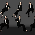 Multiple Women in Black Suits Showing Different Sitting Poses Against Gray Background