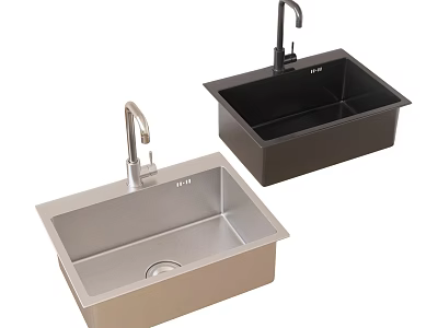 Two Modern Kitchen Sinks in Silver and Black with Matching Faucet Design 3d model