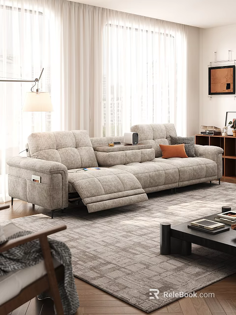 Modern Gray Reclining Sectional Sofa and Coffee Table Set with Orange Cushions in Living Room 3d model 