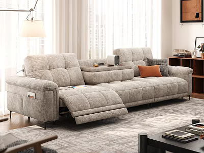 Modern Gray Reclining Sectional Sofa and Coffee Table Set with Orange Cushions in Living Room 3d model