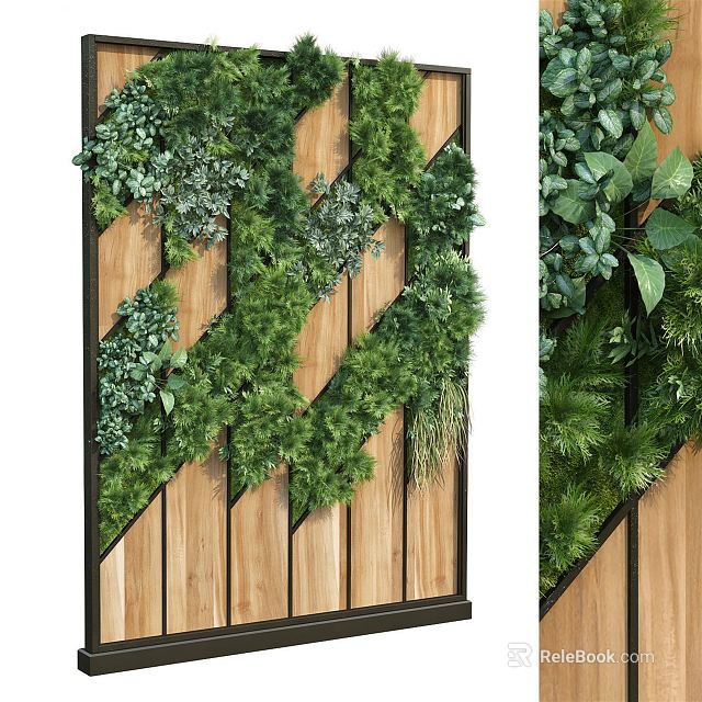 Lush Green Living Plant Wall With Wooden Slats Background And Dense Foliage 3d model 