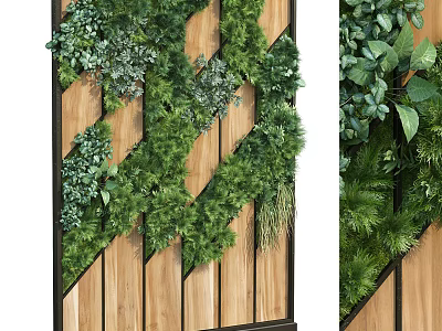 Lush Green Living Plant Wall With Wooden Slats Background And Dense Foliage 3d model