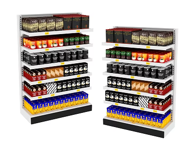 Various Packaged Food Products Arranged On Supermarket Shelves With Colorful Packaging 3d model