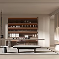 Modern Tea Room Interior Featuring Open Shelves With Tea Sets Table And Bench