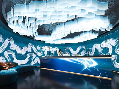 Modern KTV Interior Design With Blue Wavy Decorations Bar Counter And Ceiling Lighting 3d model