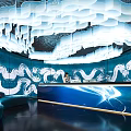 Modern KTV Interior Design With Blue Wavy Decorations Bar Counter And Ceiling Lighting