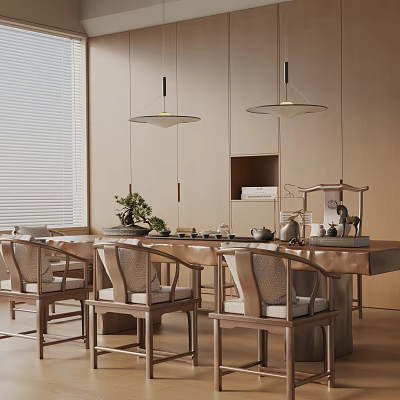 Elegant Wooden Dining Table Set With Chairs Pendant Lights Tea Sets Plants And Bookshelf 3d model