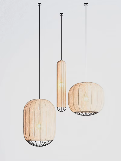 Modern Pendant Lights With Cylindrical And Round Design And Woven Shade In White Background 3d model