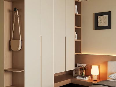 Modern Light Colored Wardrobe With Sleek Doors Side Shelves Table Lamp And Wall Art 3d model