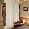 Modern Light Colored Wardrobe With Sleek Doors Side Shelves Table Lamp And Wall Art