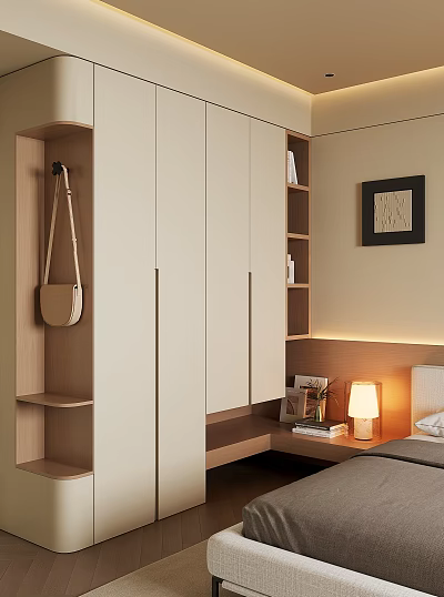 Modern Light Colored Wardrobe With Sleek Doors Side Shelves Table Lamp And Wall Art 3d model