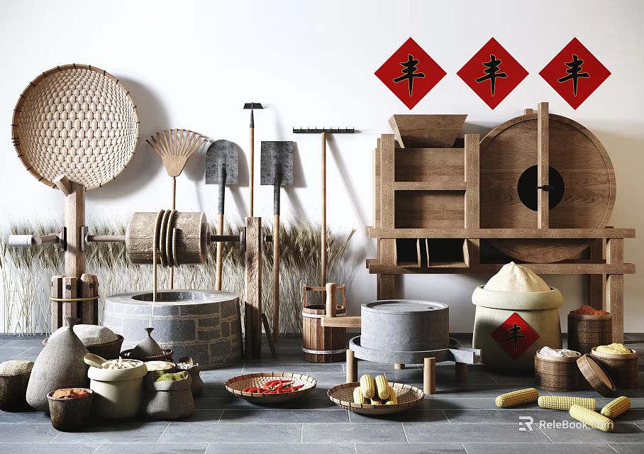 Garden Ornaments With Traditional Farm Tools Bamboo Sieve Stone Mortar Harvest And Red Prosperity Symbols 3d model 