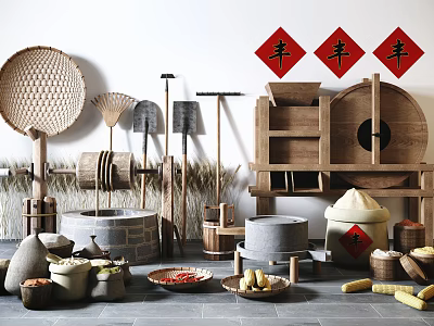 Garden Ornaments With Traditional Farm Tools Bamboo Sieve Stone Mortar Harvest And Red Prosperity Symbols 3d model