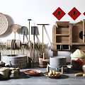 Garden Ornaments With Traditional Farm Tools Bamboo Sieve Stone Mortar Harvest And Red Prosperity Symbols