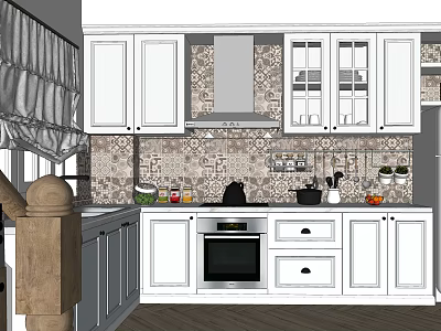White Kitchen Interior With Cabinets Tile Backsplash Oven And Curtains 3d model