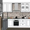 White Kitchen Interior With Cabinets Tile Backsplash Oven And Curtains