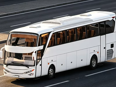 Modern White Bus With Large Windows And Comfortable Seats On Road 3d model