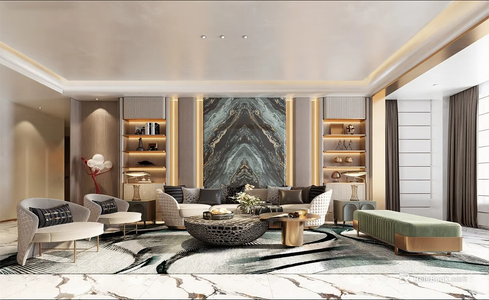 Luxurious Modern Living And Dining Room Interior With Marble Wall Art Sofa And Bookshelves 3d model 