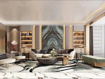 Luxurious Modern Living And Dining Room Interior With Marble Wall Art Sofa And Bookshelves 3d model