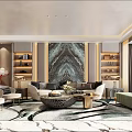 Luxurious Modern Living And Dining Room Interior With Marble Wall Art Sofa And Bookshelves