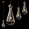 Modern Teardrop Shaped Pendant Lights With Transparent Glass Metallic Mounts And Illuminated Bulbs
