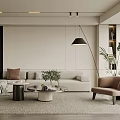 Modern Living Room Interior With White Sofa Coffee Tables Floor Lamp And Potted Plant