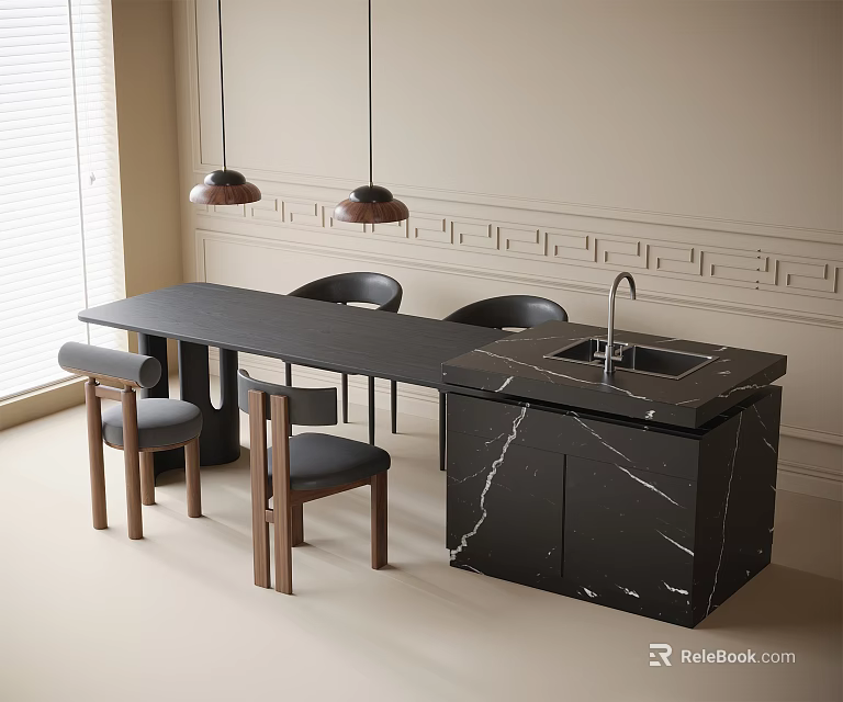 Modern Dining Table Set With Black Marble Counter And Wooden Chairs 3d model 