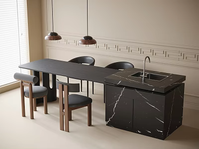 Modern Dining Table Set With Black Marble Counter And Wooden Chairs 3d model