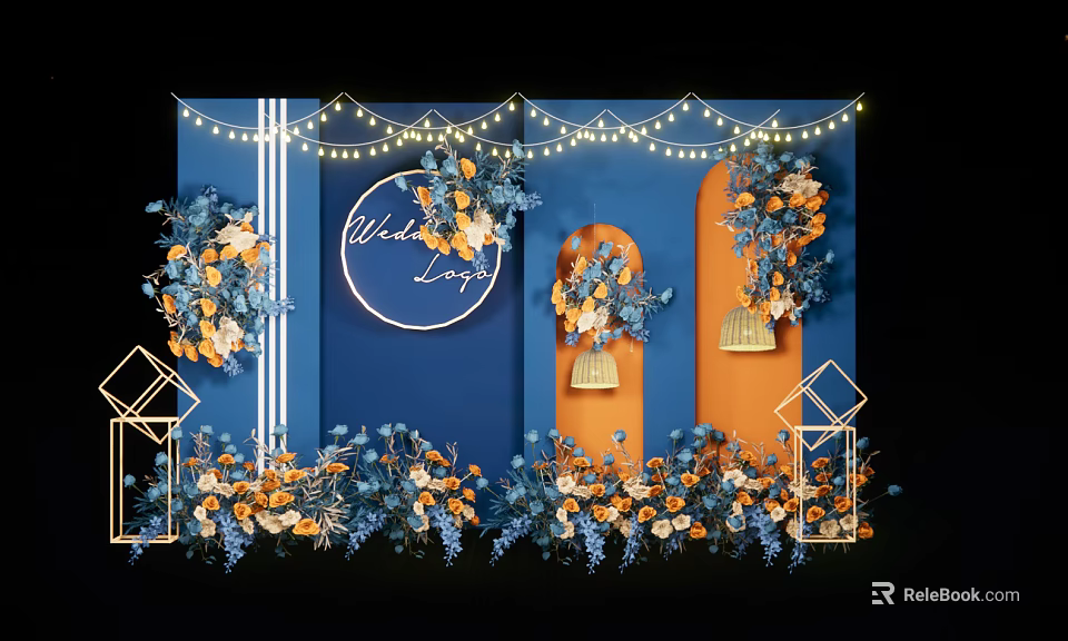Wedding Decor With Blue Background Orange Blue Flowers String Lights And Arch Design 3d model