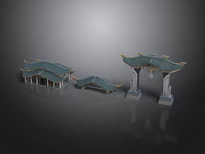 Traditional Chinese Architectural Structures With Green Roofs Overhanging Eaves And White Pillars 3d model
