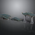 Traditional Chinese Architectural Structures With Green Roofs Overhanging Eaves And White Pillars