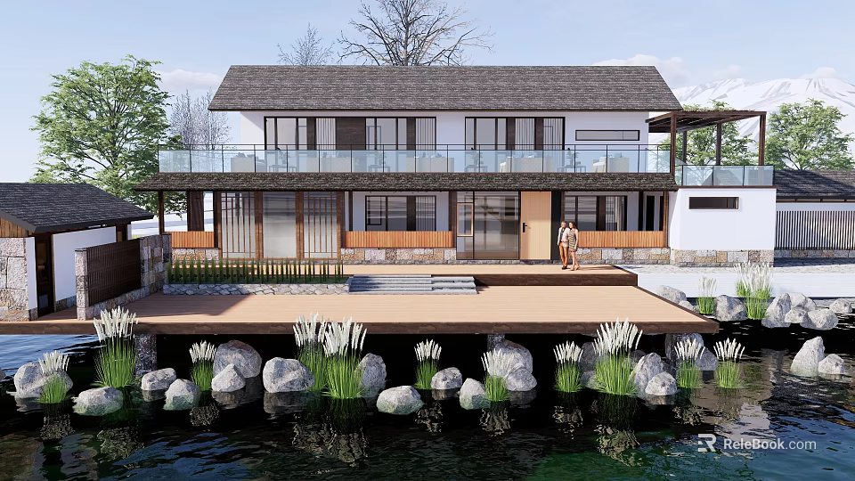 Waterfront Two Story Guesthouse Building With Dark Roof Wooden Deck Aquatic Plants And Person Standing 3d model 