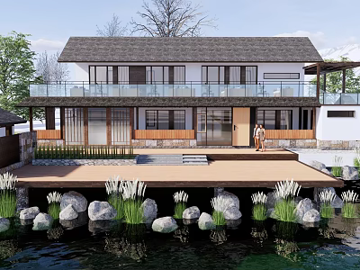Waterfront Two Story Guesthouse Building With Dark Roof Wooden Deck Aquatic Plants And Person Standing 3d model