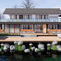 Waterfront Two Story Guesthouse Building With Dark Roof Wooden Deck Aquatic Plants And Person Standing