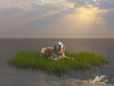 Crocodile Resting On Grass Island In Water With Cloudy Sky And Sunlight 3d model
