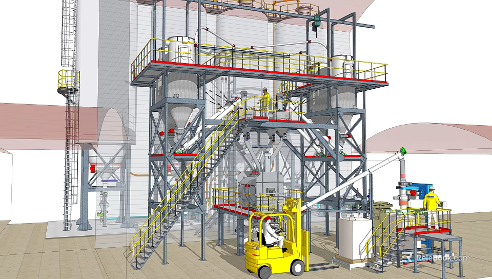 Industrial Equipment Facility With Large Silos Metal Platforms Stairs And Yellow Forklift 3d model 