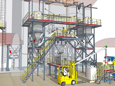 Industrial Equipment Facility With Large Silos Metal Platforms Stairs And Yellow Forklift 3d model