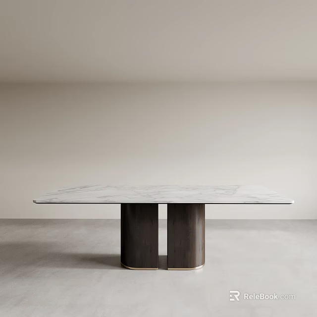 Minimalist Modern Dining Table With Marble Top Double Cylindrical Legs Light Walls And Gray Floor 3d model 