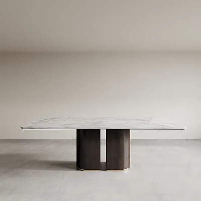 Minimalist Modern Dining Table With Marble Top Double Cylindrical Legs Light Walls And Gray Floor 3d model