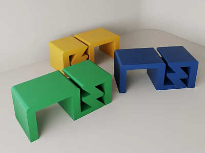 Colorful Modern Geometric Stools In Yellow Green And Blue With Unique Design 3d model