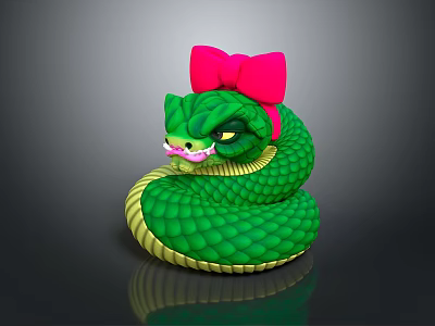 Green Snake With Pink Bow On Head Coiled On Shiny Black Surface 3d model