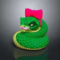 Green Snake With Pink Bow On Head Coiled On Shiny Black Surface