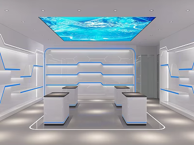 Modern Futuristic Mall Store Interior With Blue Lighting Display Shelves And Illuminated Ceiling 3d model