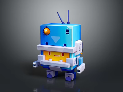3D Cartoon Blue Robot Character With Mechanical Arms Antenna Yellow Face And Orange Eyes 3d model