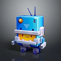 3D Cartoon Blue Robot Character With Mechanical Arms Antenna Yellow Face And Orange Eyes
