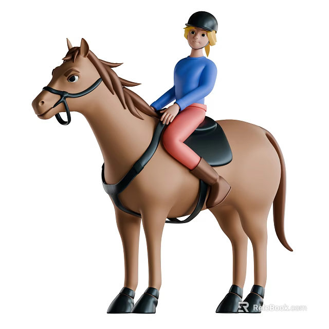 A Man Riding Brown Horse With Blue Shirt Red Pants And Black Saddle 3d model 