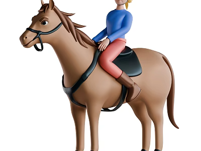 A Man Riding Brown Horse With Blue Shirt Red Pants And Black Saddle 3d model