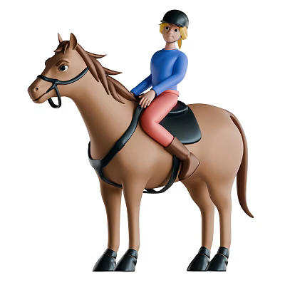 A Man Riding Brown Horse With Blue Shirt Red Pants And Black Saddle 3d model